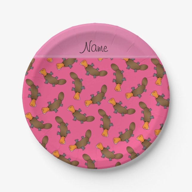 Personalized name pink platypus pattern paper plate (Front)