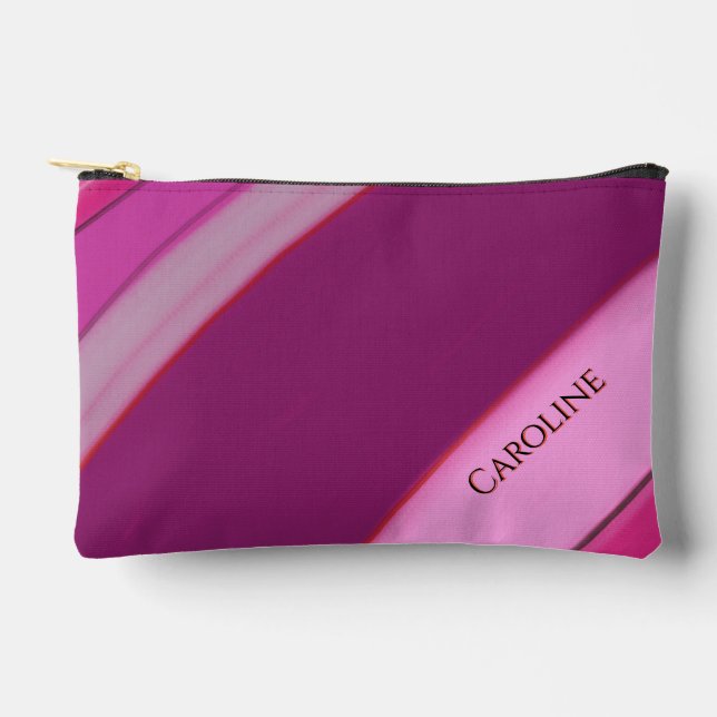 Personalized Name Pink Plum Stripes Accessory Pouch (Front)