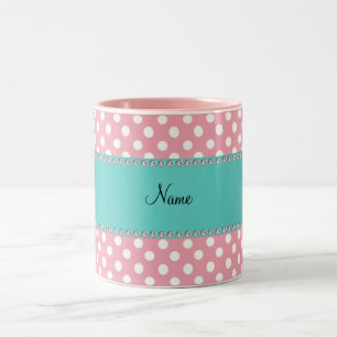 Personalized name pink polka dots turquoise stripe Two-Tone coffee mug