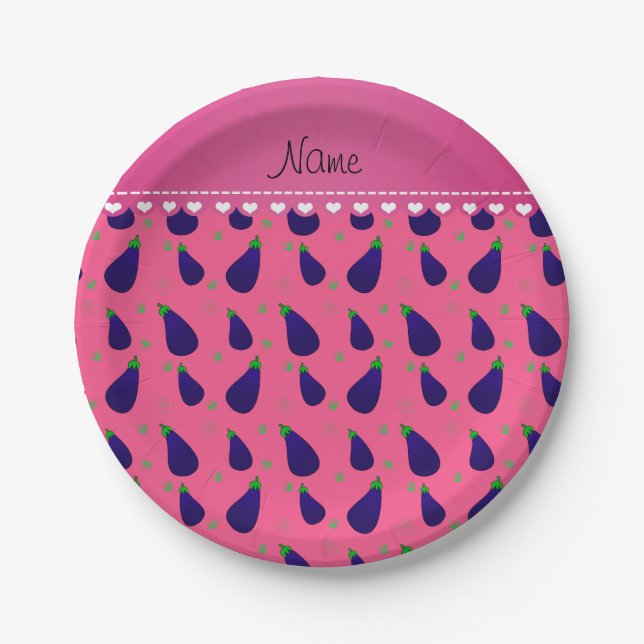 Personalized name pink purple eggplants paper plate (Front)