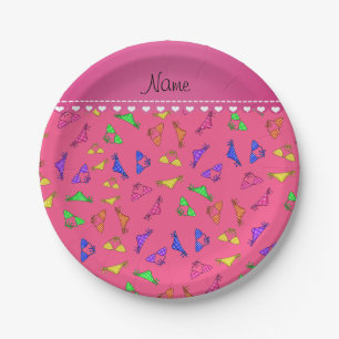 Personalized name pink rainbow bikinis paper plate