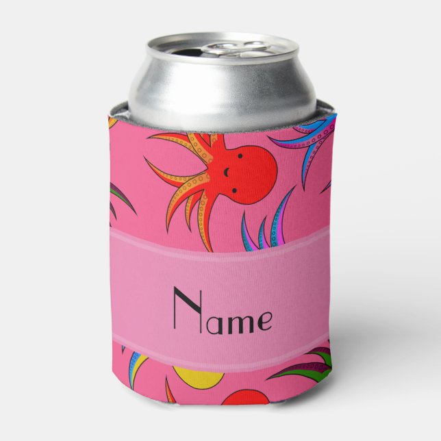 Personalized name pink rainbow octopus can cooler (Can Front)