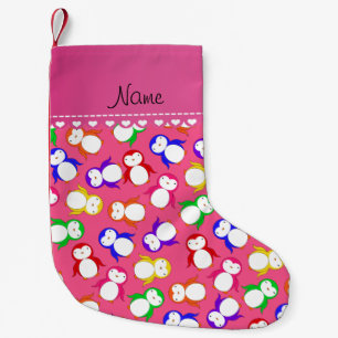 Personalized name pink rainbow penguins small christmas stocking