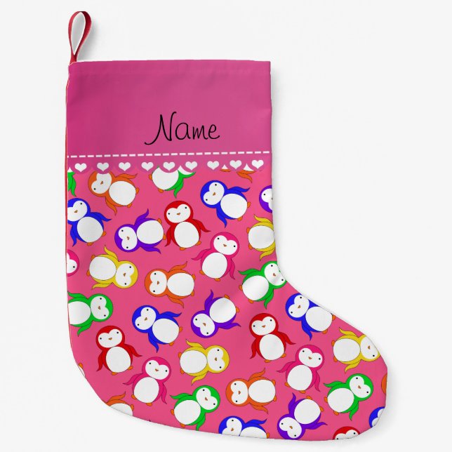 Personalized name pink rainbow penguins small christmas stocking (Front)