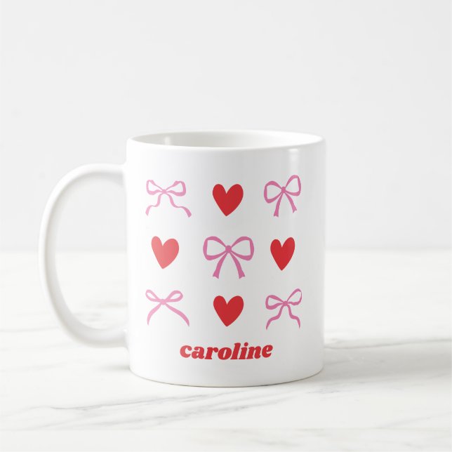 Personalized Name Pink Red Coquette Bow Heart Coffee Mug (Left)
