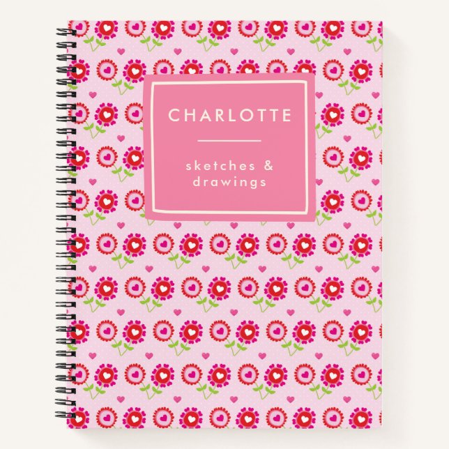 Personalized Name Pink Red Flower Hearts Fun Notebook (Front)