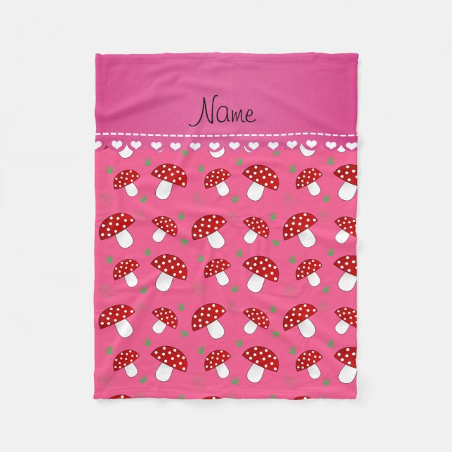 Personalized name pink red mushrooms fleece blanket (Front)