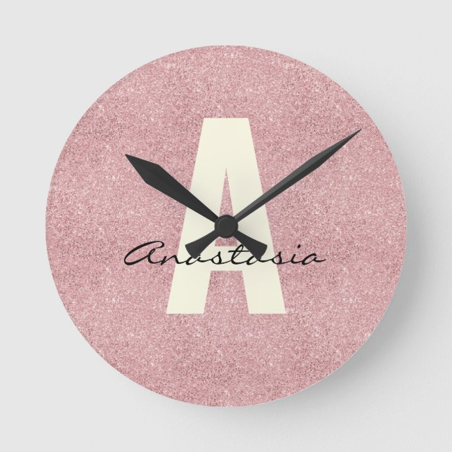 Personalized Name Pink Rosegold Glitter Round Clock (Front)