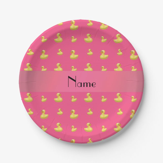 Personalized name pink rubber duck pattern paper plate (Front)