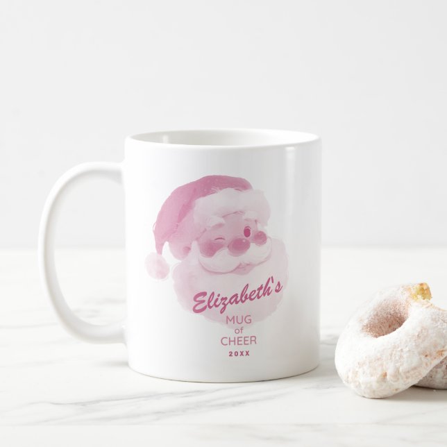 Personalized Name Pink Santa Holiday Mug of Cheer (With Donut)