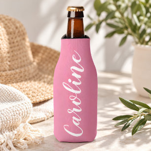 Personalized Name Pink Script Bachelorette Party Bottle Cooler