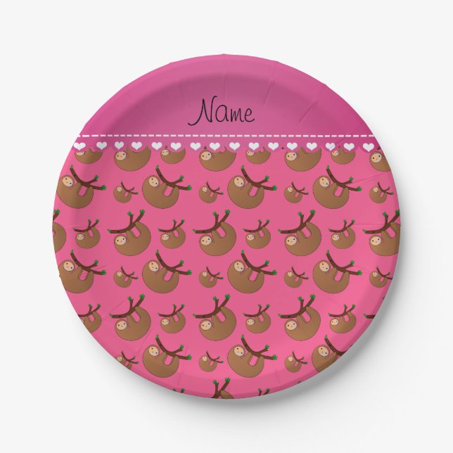 Personalized name pink sloth pattern paper plate (Front)