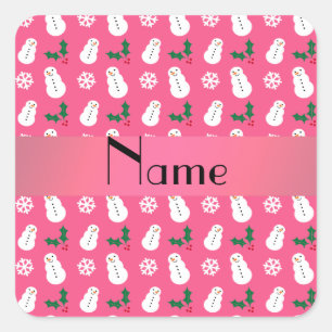 Personalized name pink snowman christmas square sticker