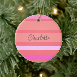 Personalized Name Pink Stripes Christmas Ceramic Ornament