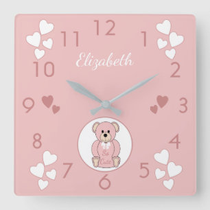 Personalized name Pink Teddy Bear baby Square Wall Clock