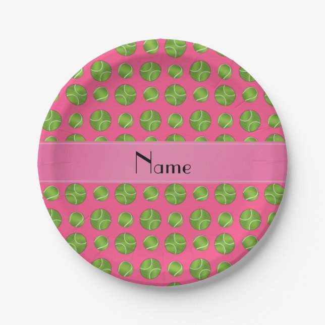 Personalized name pink tennis balls pattern paper plate (Front)