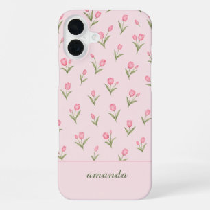 Personalized Name Pink Tulips iPhone 16 Plus Case