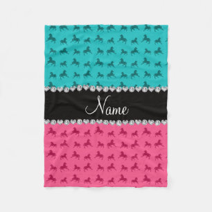 Personalized name pink turquoise horse pattern fleece blanket