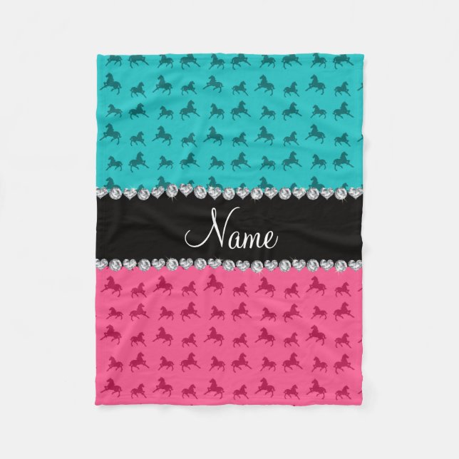 Personalized name pink turquoise horse pattern fleece blanket (Front)