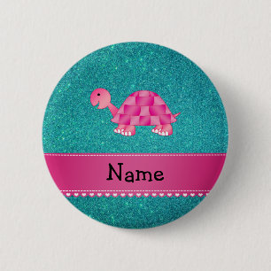 Personalized name pink turtle turquoise glitter 2 inch round button