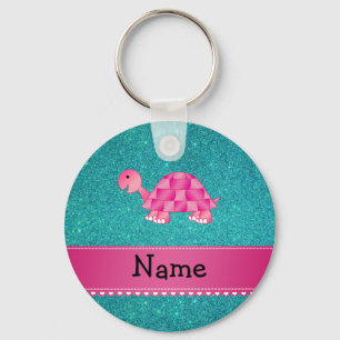 Personalized name pink turtle turquoise glitter keychain