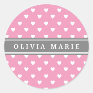 Personalized Name Pink White Heart Pattern Classic Round Sticker