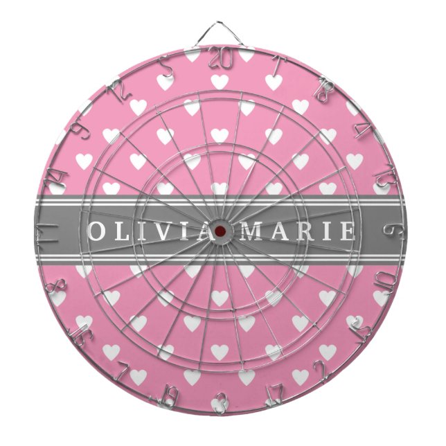 Personalized Name Pink White Heart Pattern Dartboard (Front)