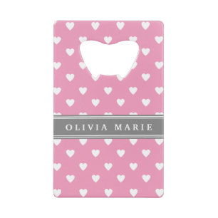 Personalized Name Pink White Heart Pattern Wallet Bottle Opener