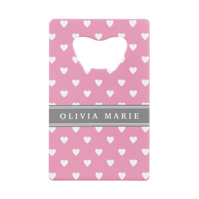 Personalized Name Pink White Heart Pattern Wallet Bottle Opener (Front)