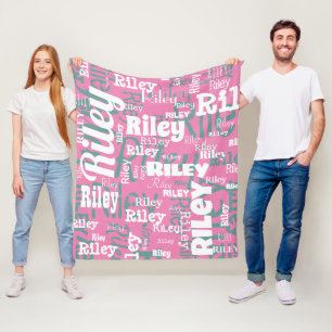 Personalized Name Pink White Repeat Typography Fleece Blanket