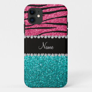 Personalized name pink zebra turquoise glitter iPhone 11 case