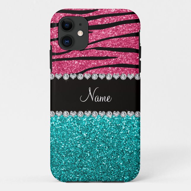 Personalized name pink zebra turquoise glitter Case-Mate iPhone case (Back)