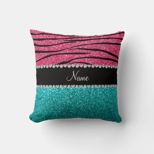 Personalized name pink zebra turquoise glitter throw pillow (Front)