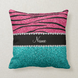 Personalized name pink zebra turquoise glitter throw pillow