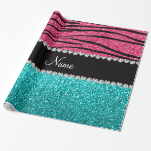 Personalized name pink zebra turquoise glitter wrapping paper