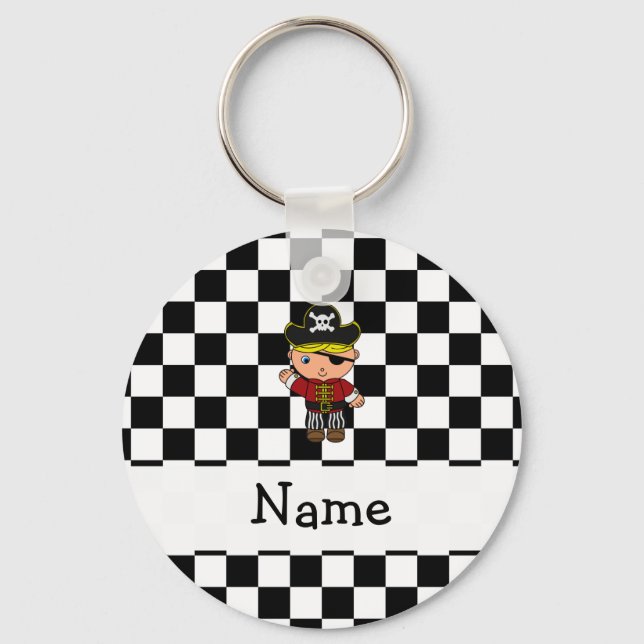 Personalized name pirate black white checkers keychain (Front)