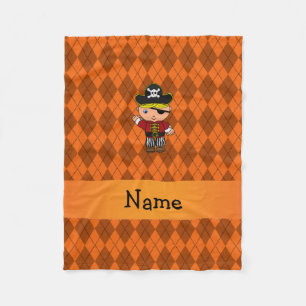 Personalized name pirate orange argyle fleece blanket