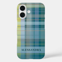Personalized Name Plaid Check Blue Teal Stylish