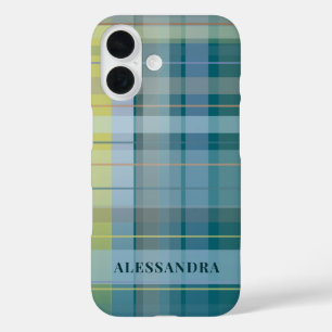 Personalized Name Plaid Check Blue Teal Stylish  iPhone 16 Case