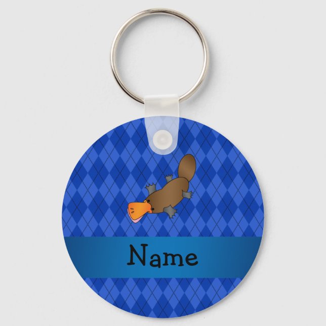 Personalized name platypus blue argyle keychain (Front)
