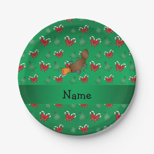 Personalized name platypus candy canes bows paper plate (Front)