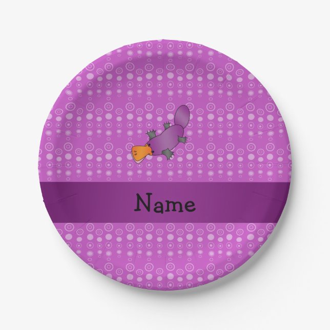 Personalized name platypus purple bubbles paper plate (Front)