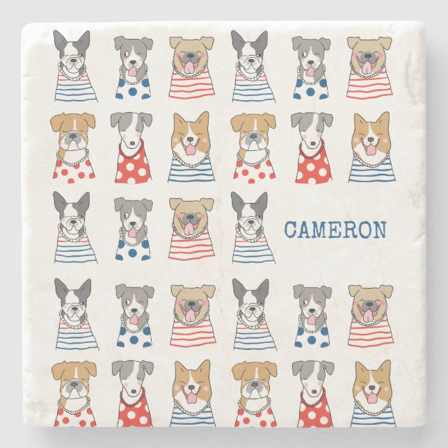 Personalized Name Playful Dog Lovers Sketch Stone Coaster (Front)