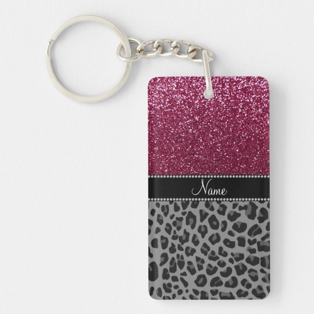 Personalized name plum glitter black leopard keychain (Front)