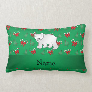 Personalized name polar bear green candy canes bow lumbar pillow