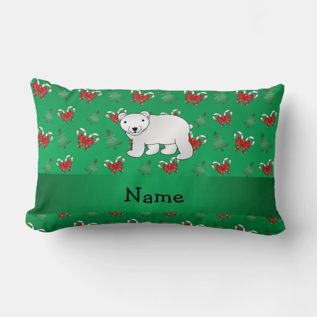 Personalized name polar bear green candy canes bow lumbar pillow (Front)