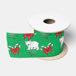 Personalized name polar bear green candy canes bow satin ribbon