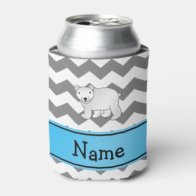 Personalized name polar bear grey white chevrons can cooler (Can Front)