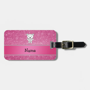 Personalized name polar bear pink glitter luggage tag