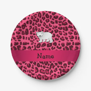 Personalized name polar bear pink leopard print paper plate